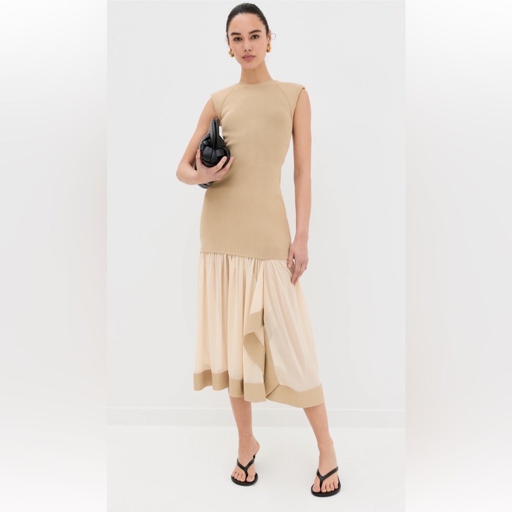 Elegant Tan and Cream Midi Dress